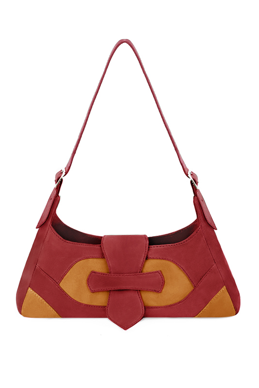 Scarlet red and apricot orange women's dress handbag, matching pumps and belts. Top view - Florence KOOIJMAN